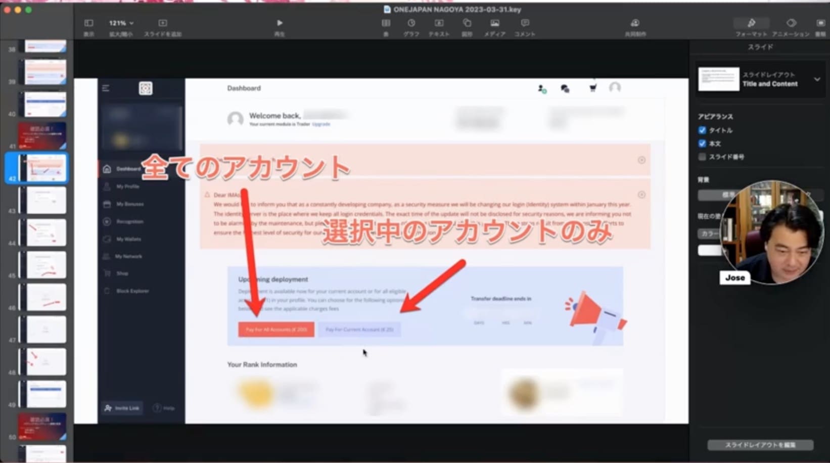 Na tela do computador, você verá uma interface de painel com texto e setas em japonês datadas de 23 de abril de 2023. Na janela da videochamada no canto inferior direito, você pode ver as pessoas participando de uma discussão ao vivo sobre a Zona Econômica ONE.
