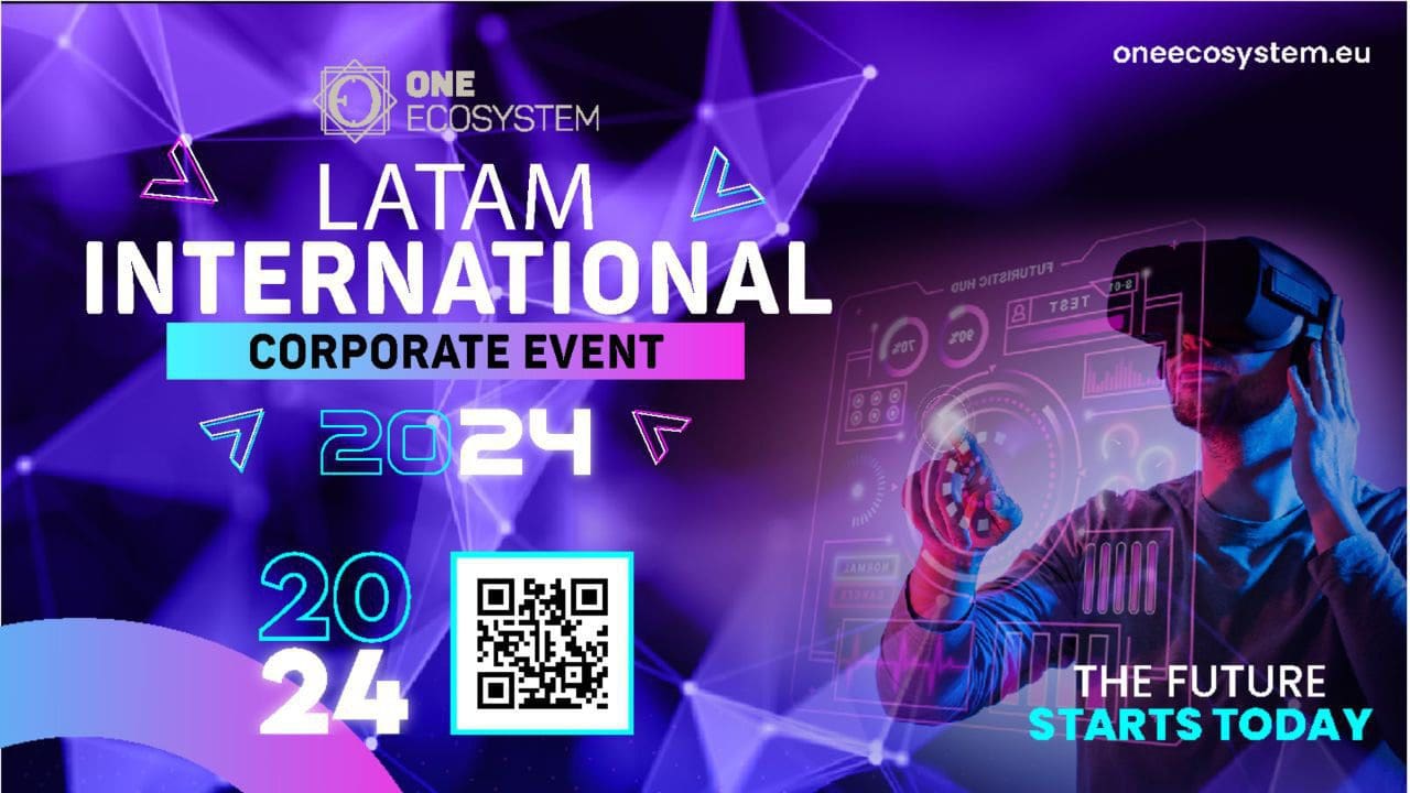 Gráfico promocional do Evento Corporativo Internacional LATAM 2024 da One Ecosystem. Possui códigos QR, visuais futuristas e uma pessoa usando um fone de ouvido VR para interagir com elementos digitais. A Columbia Deal Shaker Expo é outro evento a ser observado.