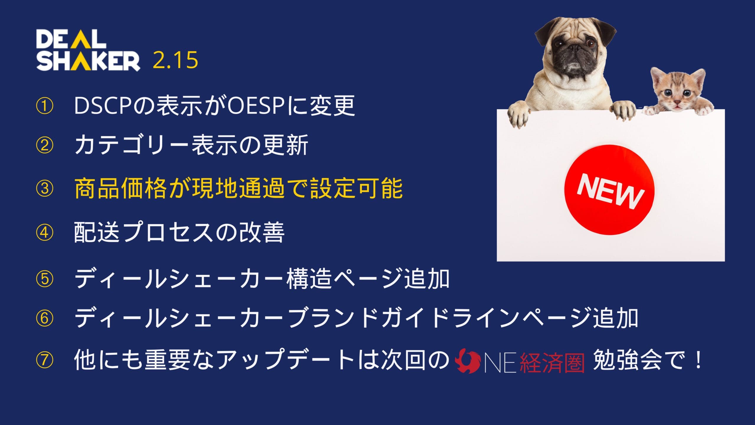 A exibição de texto, intitulada "DEAL SHAKER 2.15", exibe uma lista de atualizações ao lado de uma imagem de um buldogue e um gatinho segurando uma placa vermelha que diz "NOVO" que incorpora o espírito do Deal Shaker.