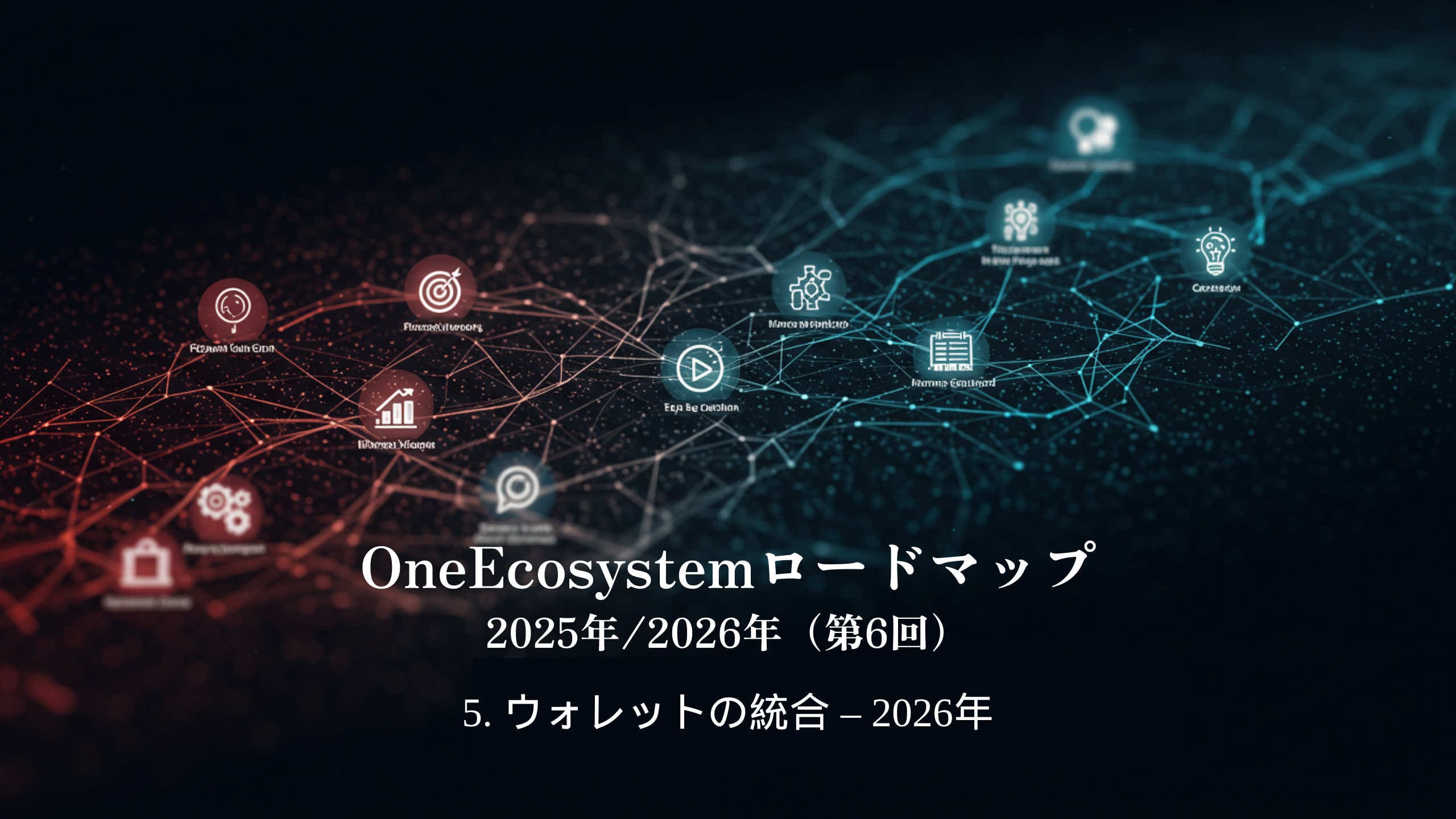 A rede digital de ícones interconectados enfatiza a tecnologia blockchain e carteira. O texto japonês diz: "OneEcosystem Roadmap 2026 - Wallet Integration" (Wallet Integration - 2026).