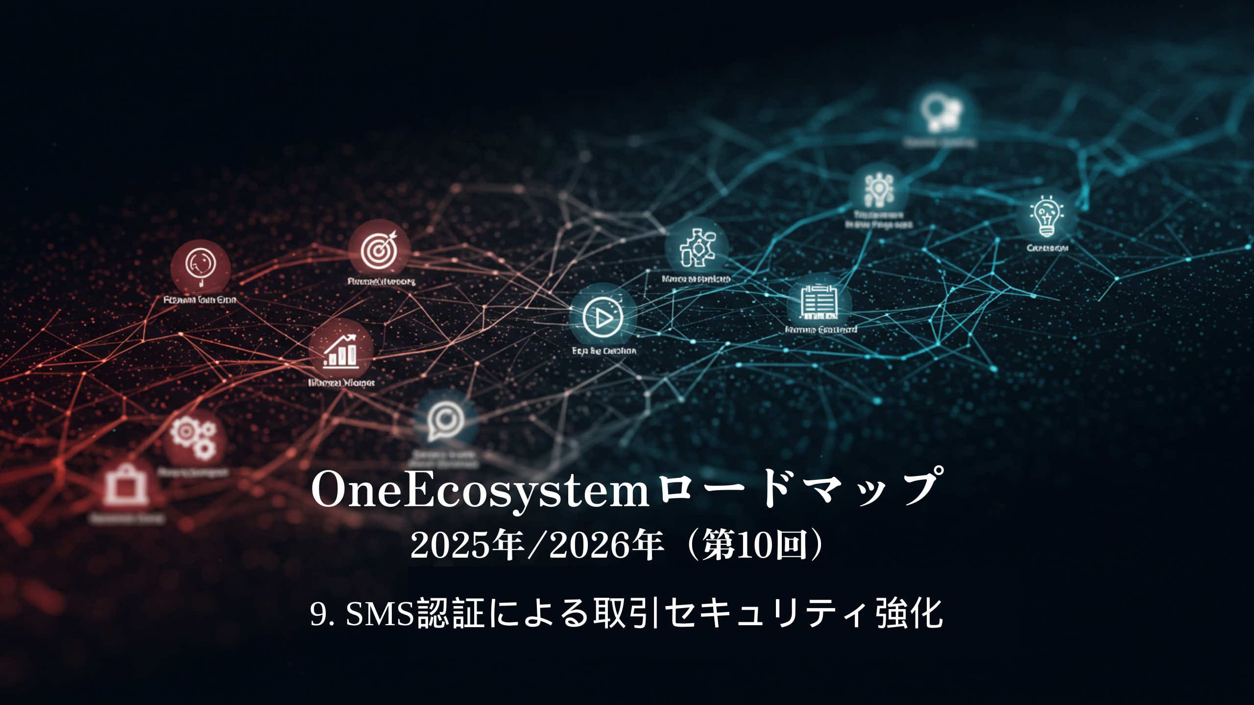 Gráficos de rede digital com ícones e nós interconectados destacando um ecossistema. O texto japonês diz: "OneEcosystem Roadmap 2025/2026 (10º) 9. Fortalecendo a segurança das transações por meio da autenticação por SMS".