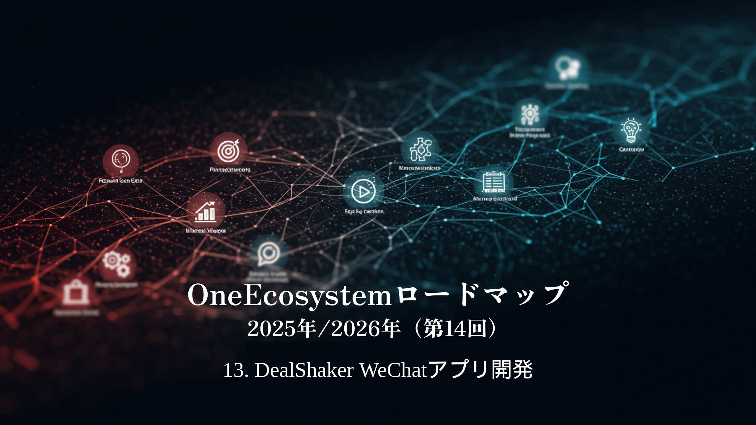 Roteiro OneEcosystem 2025/2026 (14º) 13. O fundo escuro mostra "Desenvolvimento de aplicativos DealShaker WeChat" em japonês.