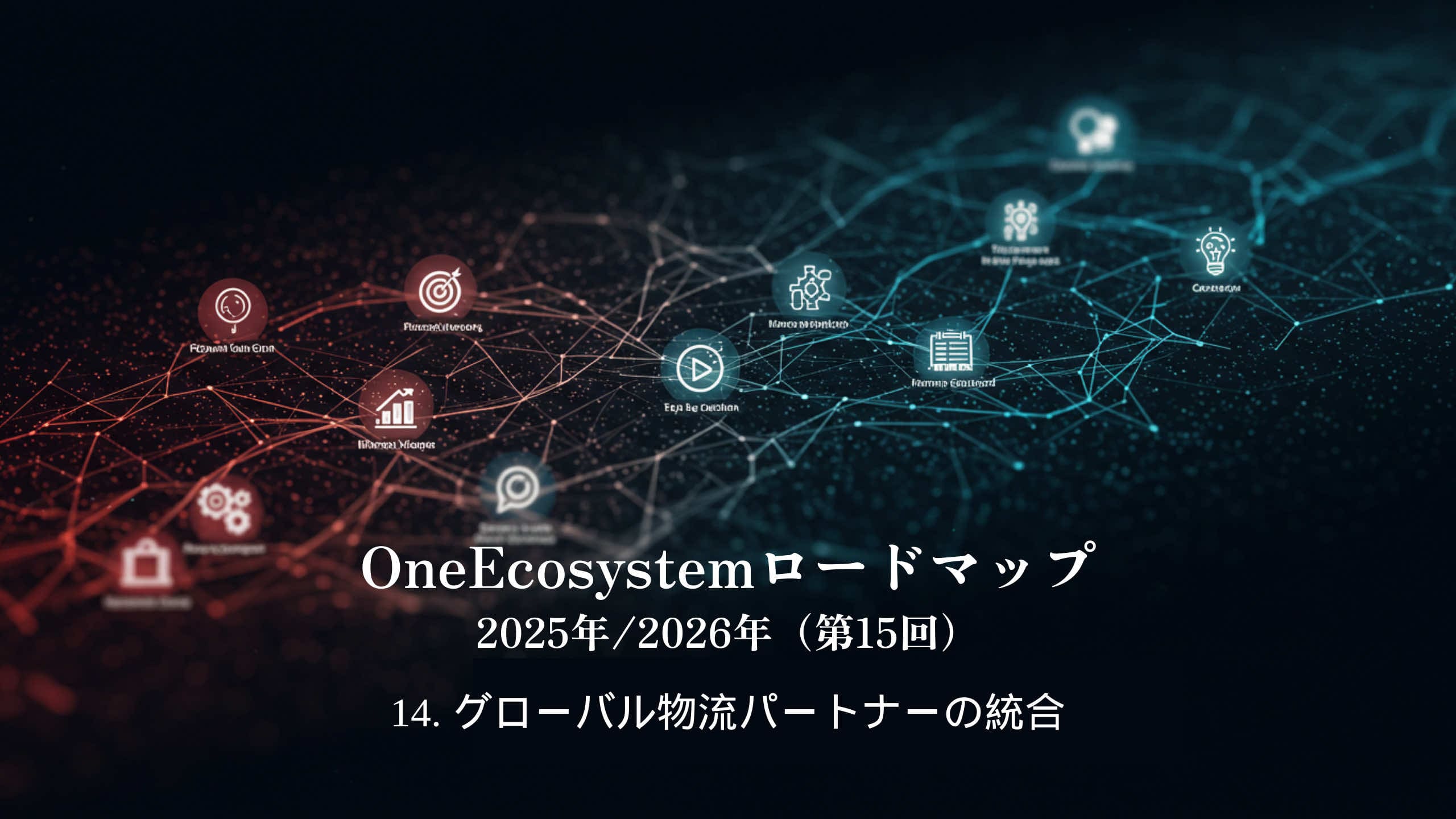 青と赤のノードで構成されたデジタルネットワーク、テクノロジーサービスのアイコン。日本語テキスト:"OneEcosystemロードマップ 2025年/2026年(第15回)14.グローバル物流パートナーの統合」を強調。.