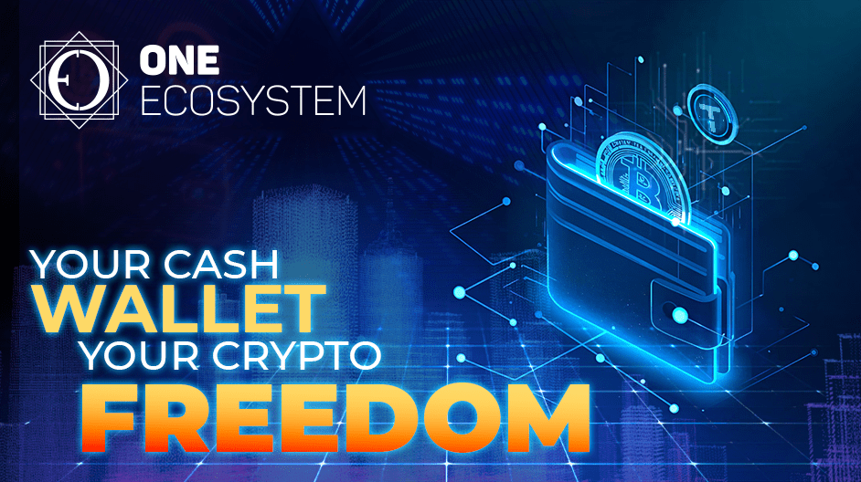 Na interface azul brilhante, aparece uma carteira digital com moedas de criptomoeda. O texto diz: "Um ecossistema, sua carteira de dinheiro. Sua liberdade criptográfica. "O fundo retrata um padrão de redes digitais e luzes da cidade, destacando a atualização mais recente.