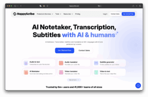 Captura de tela da página inicial do HappyScribe. Você verá opções para anotações, transcrição e legendas com IA, além de um botão de iniciar e um botão de contato de vendas. O cabeçalho enfatiza a colaboração entre IA e humanos.