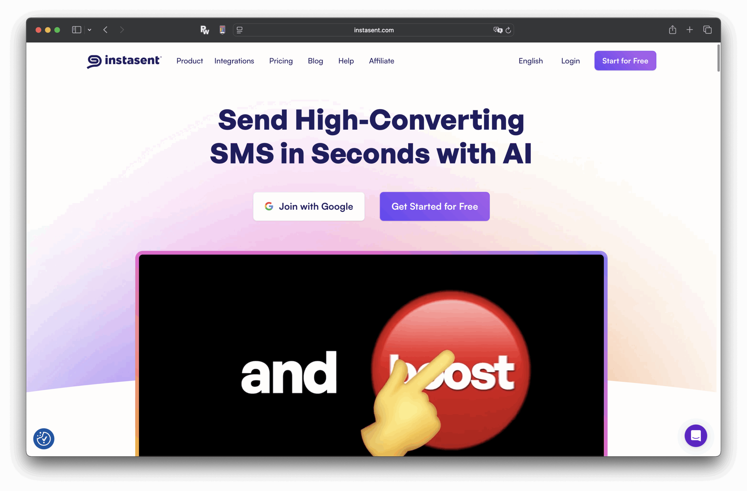 Na página inicial do Instagrament, há uma manchete que usa IA para enviar SMS com alta conversão em segundos. Há uma parceria com o Google e um botão para começar gratuitamente, além de um grande botão vermelho de postagem apontado por uma mão de desenho animado.