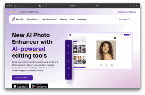 Ele apresenta um design roxo e branco, uma prévia do editor de fotos com uma mulher sorridente, texto sobre ferramentas de edição com IA e um botão de download para o aplicativo.
