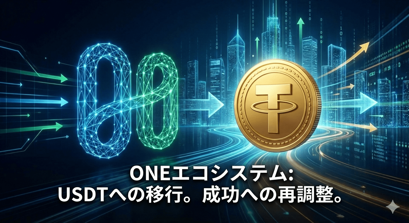 近未来的な街並みに、暗号通貨のシンボルであるテザー（Tether）と、矢印が描かれたUSDTの金貨のデジタルイラストと、日本語のテキスト：ONEエコシステム：USDT移行成功への再調整。.